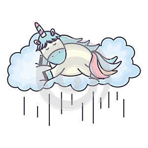 Cute adorable unicorn floating in cloud rainy character