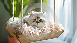 Cute adorable white fluffy cat lying in a hanging hammock at home. Accessories for pets