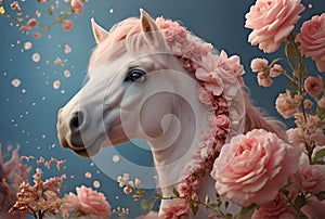 cute adorable white horse with pink mane and flowers around blue background with flowers. Digital artwork. Ai generated