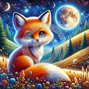 A cute and adorablebfox in a stunning hill, with moonlit at a starry night, tree colorful flowers, in bold painting, fantasy art