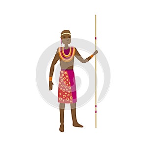 Cute african aborigine with colorful red clothes and long lance