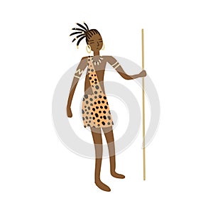 Cute african aborigine woman hunter in tiger clothes with long lance