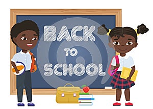 Cute african american black Boy and girl kids. Back to School isolated cartoon characters near blackboard. Vector