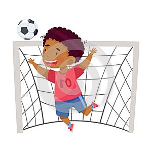 Cute African American Boy Goalkeeper Catching Ball Between Goalposts Vector Illustration