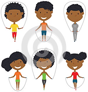 Cute African-American boys and girls skipping rope vector set.