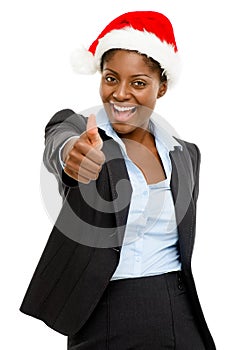 Cute African American businesswoman thumbs up sign wearing Chris