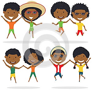 Cute African-American couples jumping outdoor vector illustration.