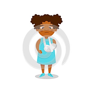 Cute african american girl with broken arm in plaster cast vector Illustration on a white background