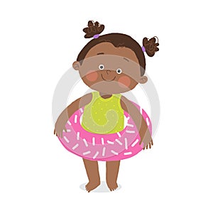 Cute african american girl with inflatable circle. Children activities. Cartoon vector hand drawn eps 10 illustration