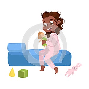 Cute African American Girl in Pajamas Playing Toys, Kids Pastime before Sleeping Cartoon Style Vector Illustration