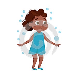 Cute African American Girl Playing with Soap Bubbles, Kids Leisure, Outdoor Hobby Game Cartoon Style Vector Illustration
