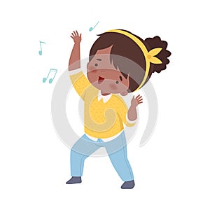 Cute African American Girl Singing and Dancing, Adorable Kid Having Fun and Enjoying Listening to Music Cartoon Vector