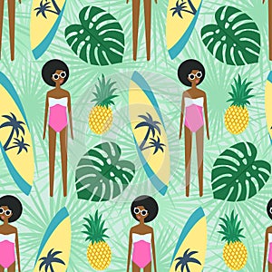 Cute african american girl with surfboard, pineapple and palm leave seamless pattern.