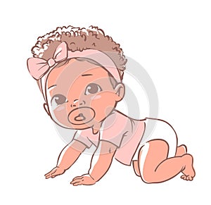 Cute African American little baby girl in diaper. Active baby of 3-12 months. Dark skin newborn crawling and smiling.