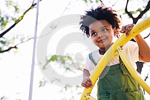 Cute African American little kid boy having fun while playing on the playground in the daytime in summer. Outdoor activity.