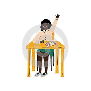 Cute African American Schoolgirl Sitting at Desk and Raising Her Hand to Answer, Elementary School Student Vector