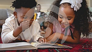 Cute African American sibling lying on floor and reading a storybook