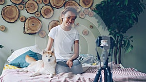 Cute African American teenager blogger is recording videoblog sitting on bed, stroking lovely pet dog and talking to