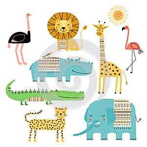 Cute African animals. Vector set of children`s drawings. Traditional ornaments, ethnic and tribal motifs. Doodle style.