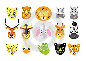 Cute african animals. Wildlife animal heads. Cartoon vector illustration for kids. Educational material for children