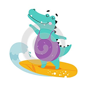 Cute African Crocodile Animal in Swimsuit Surfboarding Enjoying Hot Summer Activity Vector Illustration