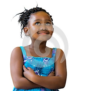 Cute african girl with braids looking up.