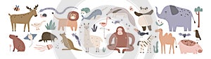 Cute African jungle animals set in Scandinavian style. Nordic childish elephant, monkey, funny panda, happy lion, Scandi