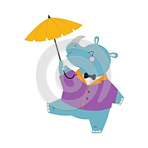 Cute African Rhino Animal in Jacket and Bow Tie with Umbrella Shade Enjoying Hot Summer Activity Vector Illustration