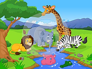 Cute African safari animal cartoon characters scene