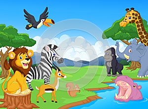 Cute African safari animal cartoon characters scene