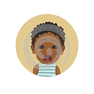 Cute Afro American crying baby emoticon. Tearful African child emoji. Weeping dark-skinned kid smiley. Painful facial expression