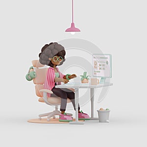 Cute afro american girl works on project at home. 3d illustration concept.