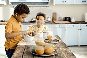 Cute Afro-American twins having breakfast before school.