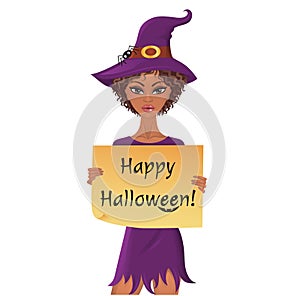 Cute afro-american witch holding a piece of paper with happy halloween text.