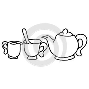 Cute afternoon tea set, teacup, teapot, clipart. Hand drawn breakfast drink kitchenware. Porcelain domestic crockery