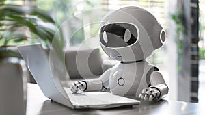 Cute AI chatbot robot sitting at desk and using laptop computer photo