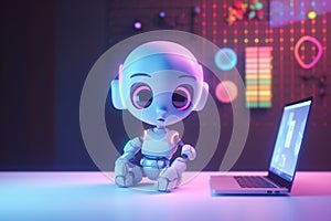 Cute AI children face pastel colors robot working with laptop in the office