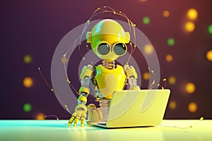 Cute AI children face pastel colors robot working with laptop in the office