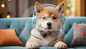 cute Akita Inu dog wearing headphones in the room relaxation