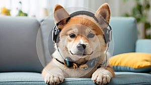 cute Akita Inu dog wearing headphones in the room relaxation banner