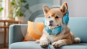 cute Akita Inu dog wearing headphones in the room relaxation banner lifestyle