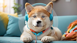 cute Akita Inu dog wearing headphones in the room relaxation banner lifestyle friend