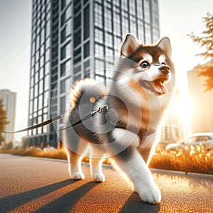 cute alaskan klee kai, husky, Malamut walking around the city during the daysiberian huskie