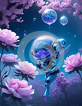 Cute alien baby with astronaut suit on the alien planet with peony flowers bloom