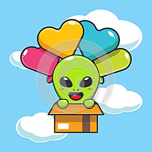 Cute alien in cardboard box flying with balloon.