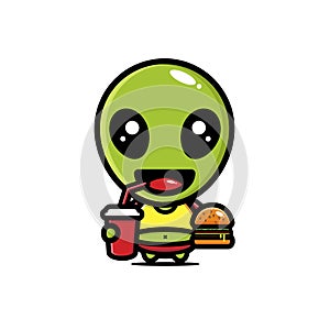 Cute alien cartoon character holding drink and food