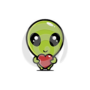 Cute alien cartoon character holding a love heart