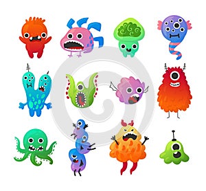 Cute alien character. Cartoon scary creatures with funny faces. Colorful monster mascots. Pathogen bacteria cells. Isolated angry