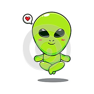 cute alien doing meditation yoga cartoon vector illustration.