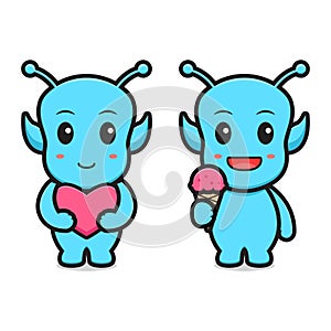 Cute alien holding love and ice cream cartoon icon vector illustration